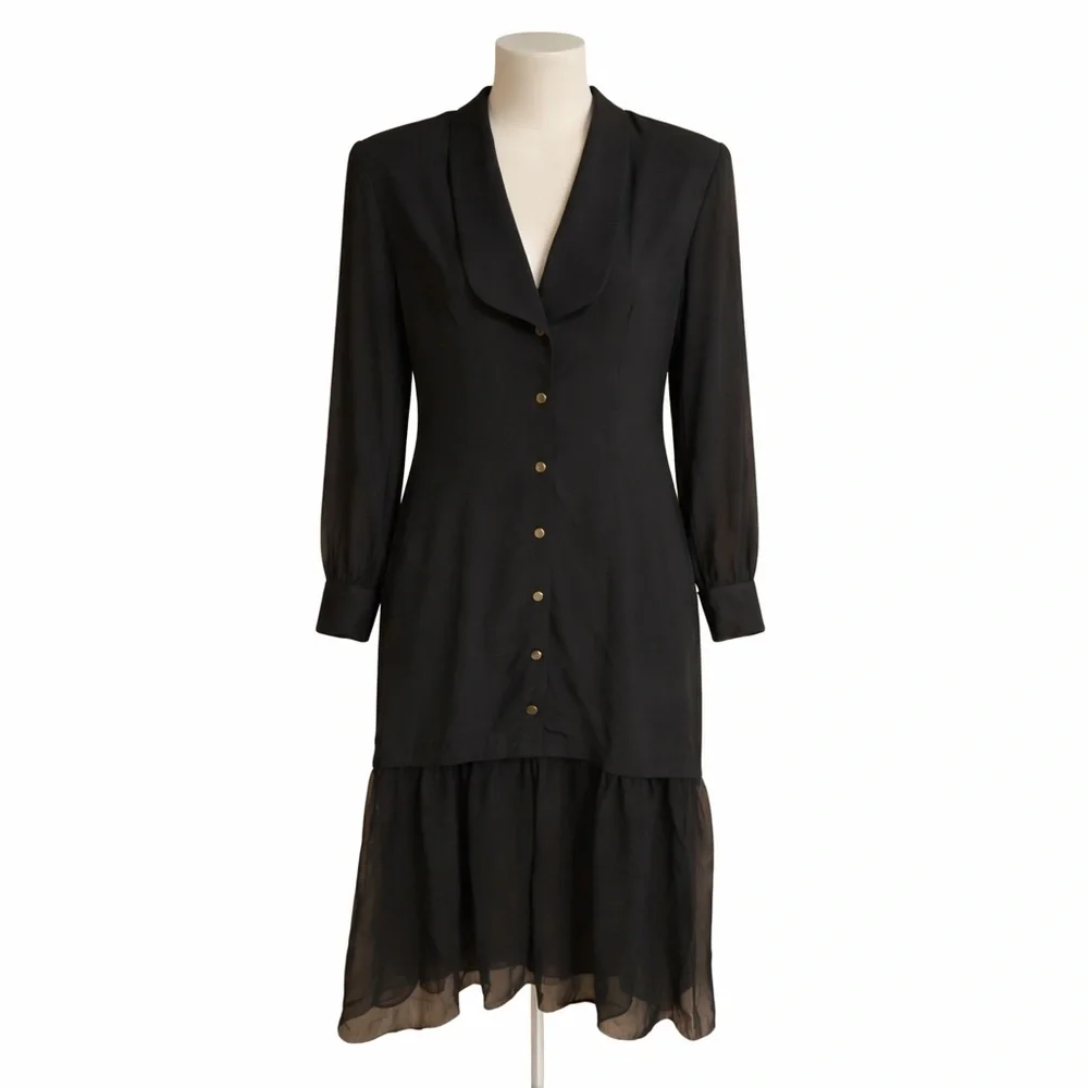 Vtg Maxi Black Shirt Dress Button Front Sheer Sleeves & Ruffle Goth Whimsygoth